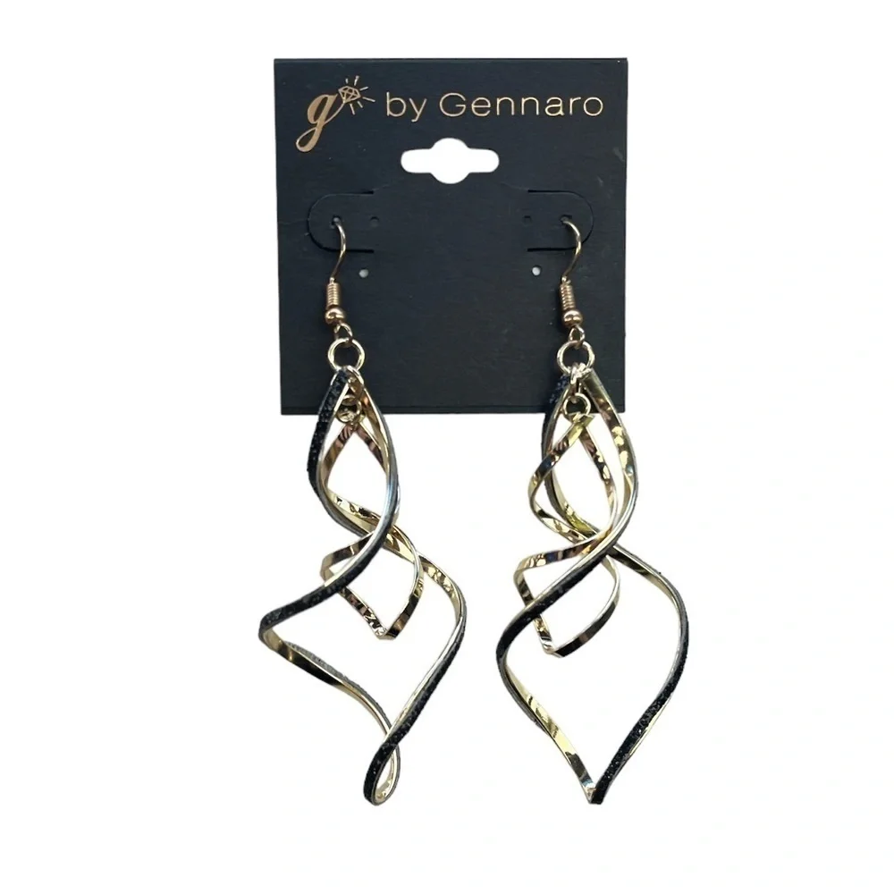 Gennaro black and gold lightweight geometric swirl dangly earrings